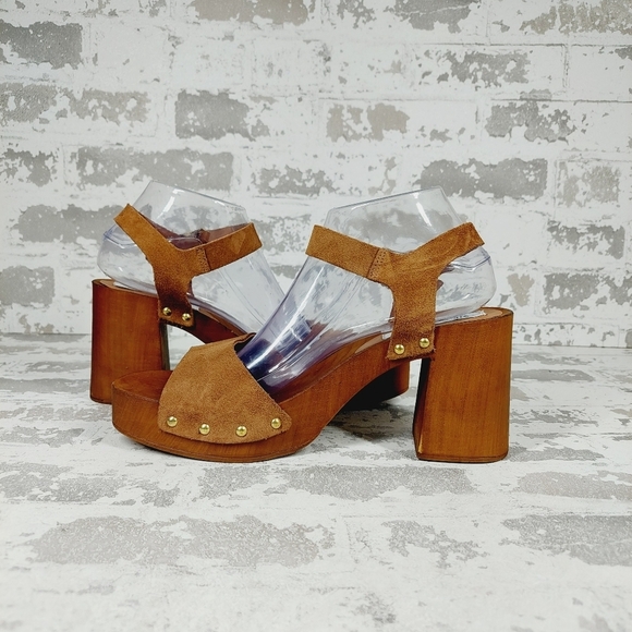 New Steve Madden Alabama Platform Suede Tan Strap Wooden Studded Sandals F904 - Picture 4 of 11